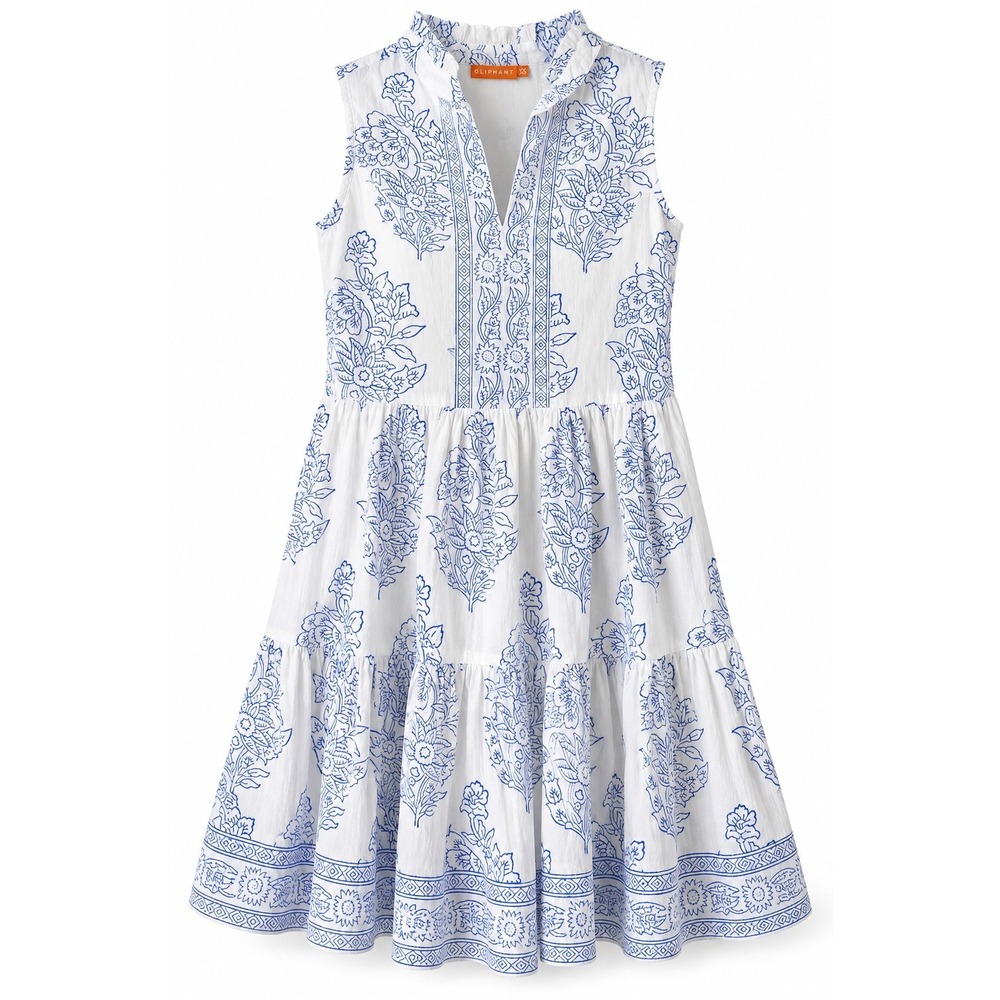 Oliphant Dress XS White Blue Floral Cotton Tiered Sleeveless Boho Resort Mini